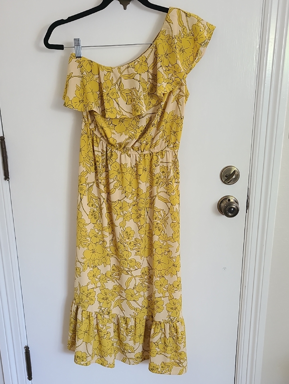 One-Shoulder Yellow Floral Ruffle Midi Dress